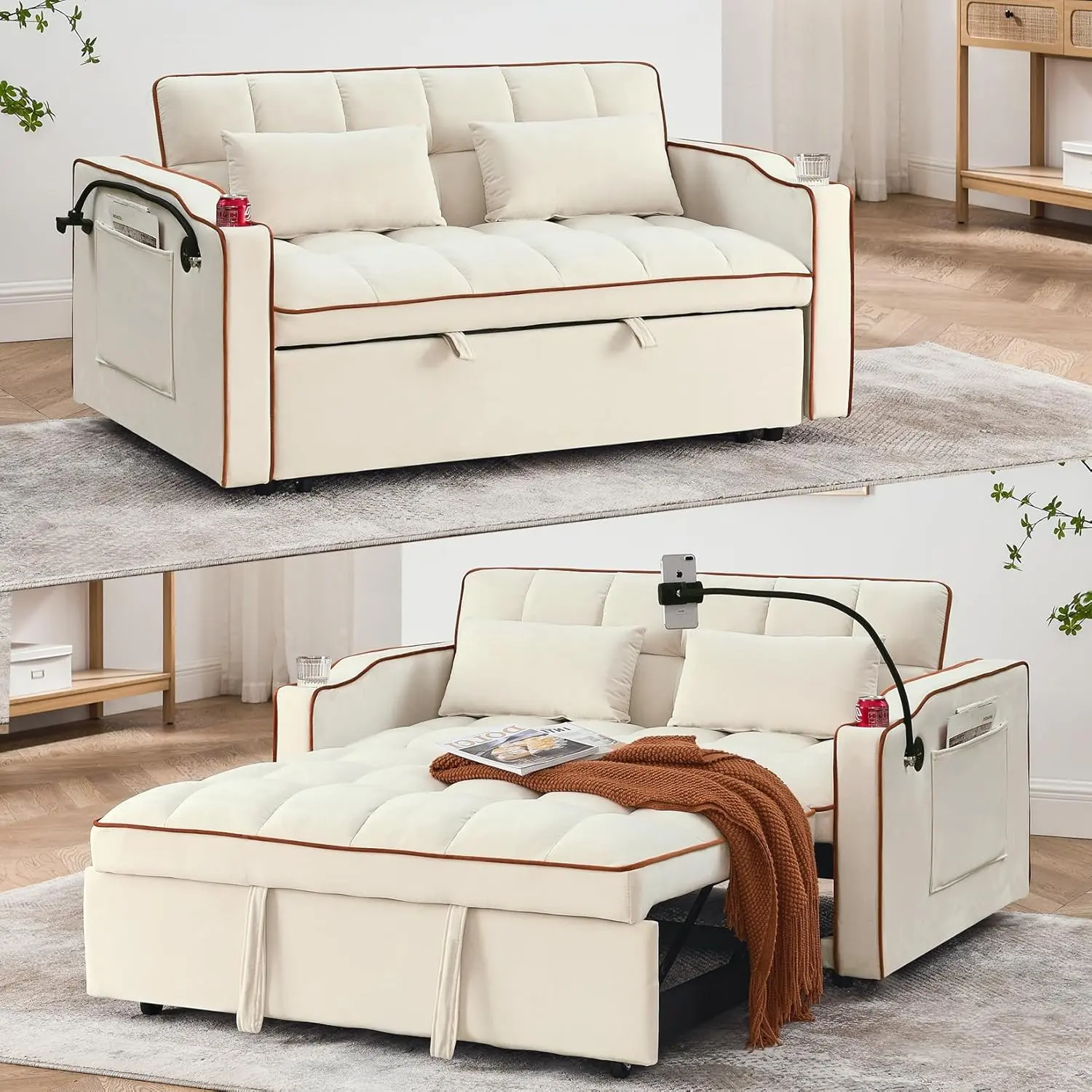 Convertible Sleeper Sofa Bed with Phone Holder, Pull Out Velvet Loveseat with USB Ports, Modern Foldable Sofa Bed,Futon Couch with Cup Holders and Adjustable Backrest, for Living Room, Bedoom,Beige