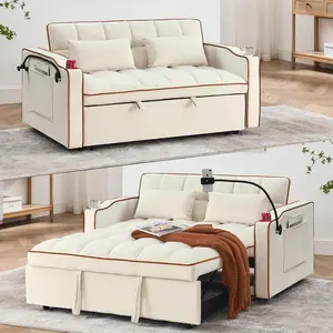 Sleeper Sofa Bed with Phone Holder, Pull Out Velvet Loveseat Sleeper with 2 USB Charging Ports, Modern Foldable Sofa Bed, Futon Couch with Cup Holders and Adjustable Backrest, for Living Room, Bedoom