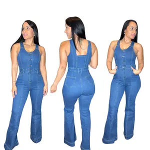 Premium High-Stretch Denim Jumpsuit - Figure-Hugging Flare Leg Jean Overall with Real Pockets Fabric Womenswear Bag Blue Medium Rompers Seamless Straps Seamless Sleeveless Style Straps Piece Fit Sleeveless
