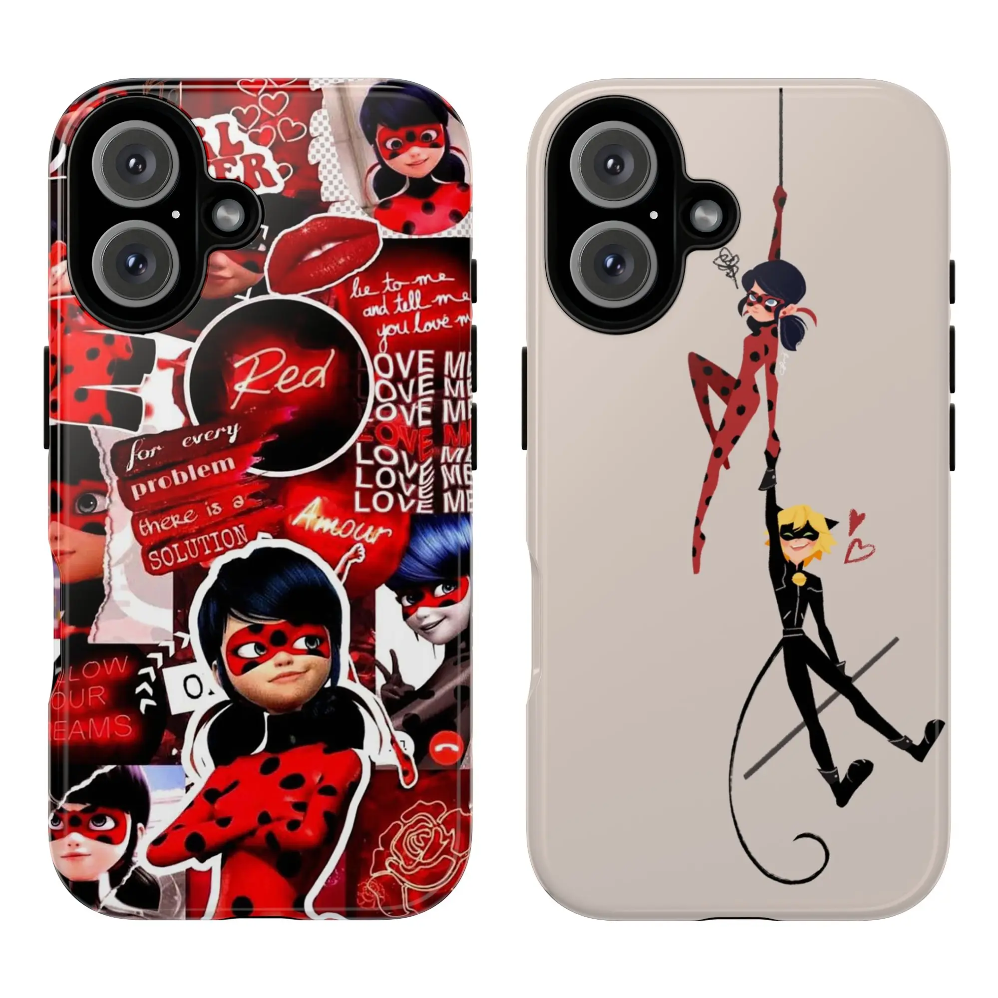 Ladybug & Cat Noir Phone Case, Miraculous Cartoon Beige Ladybug Cat Noir Love Quote For Every Problem There Is Solution Rope Scene Anime Style Playful Artistic Retro Aesthetic iPhone 17 16 15 14 13 12 11 Pro Max Plus X, Galaxy S25 S24 S23 S22 S21 Ultra