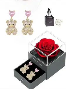 Cute Heart-shaped Bear Earrings for Women, Paired with A Rose Gift Box. Made with S925 Silver Posts. Perfect Christmas Gift Suitable for Banquets and Gifting. Earrings Jewelry