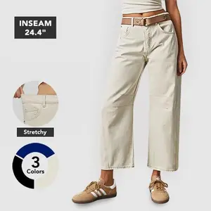 Flamingals Solid Stitch Detail Mid Waist Crop Straight Leg Pants Without Belt