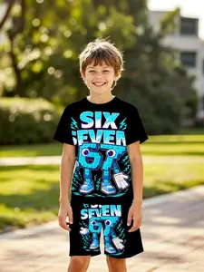 Cool Cyberpunk Style Number 67 Pattern Kids Set, Boys Summer Short Sleeve Shorts Two-Piece Set, Casual Wear for Children