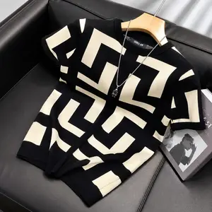 Men's Geometric Knit T Shirt Luxury Crew Neck Short Sleeve Casual Sweater Tee