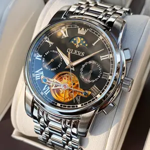Brand OLEVS watch OLEVS Automatic Watches for Mens Skeleton Mechanical Self Winding Luxury Dress Mens Stainless Steel Watches Moon Phase Day Date Waterproof Luminous Reloj Para Hombre, Gifts for Men, Male 6617D