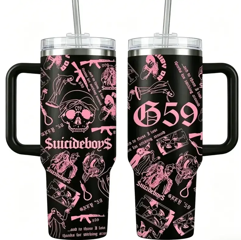 [Gift Box & Straw] Dark Trap Goth Style G59 Skull Tumbler 40oz With Handle, Multicolor Skull Collage Travel Mug, Underground Rap Inspired Stainless Steel Insulated Drinkware Gift For Music Fans