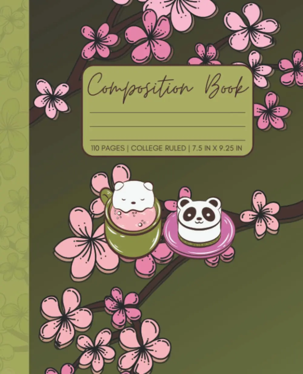 Composition Book - College Ruled: Cute and Aesthetic Cherry Blossom and Tea Notebook in Forest Green for Teen Girls and Women