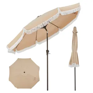 9FT Fringe Patio Umbrella with Crank Handle, Push Button Tilt for Sun Shade, 8 Fiberglass Ribs, 1.5" D Premium Steel Pole, Outdoor Large Tassel Umbrella for Patio Beach Pool Backyard