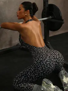 Women's Seamless High Elasticity Detachable Cup Yoga Leggings, Leopard Print Sporty Tight-Fitting Pants, Trendy Comfortable Workout Wear