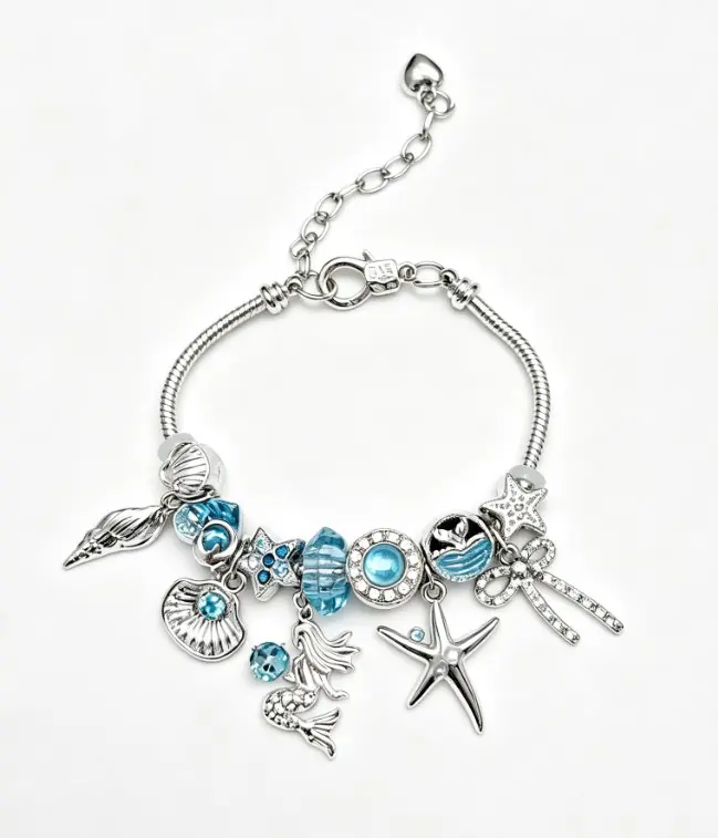 Silver Ocean Mermaid Charm Bracelet, Blue Crystal Shell Starfish Conch Bow Snake Chain Bangle, Adjustable Extender Chain Summer Beach Jewelry Gift for Women Girls