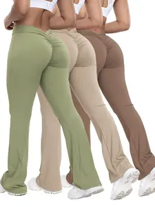 New Women's Fall Ruched Sports Flare Pants Set, High Elasticity Yoga Leggings, Slim-Fit Woven Fabric, All Seasons Wear