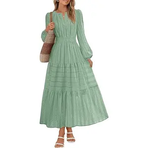 MEROKEETY Winter Midi Dresses for Women 2026 Spring Long Sleeve Casual V Neck Tiered Cotton Maxi Dress Pockets