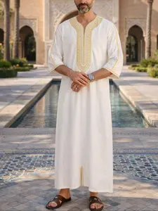 Men's Moroccan Long Robe Modesty Thobe with Ethnic Embroidery, Loose-Fitting Modest Design for Eid and Traditional Celebrations, All Seasons Attire