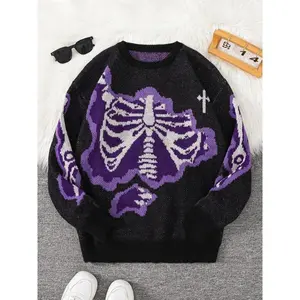 Men’s regular-fit skeleton print crewneck sweater, casual comfortable long-sleeve jumper for daily wear, fashionable men’s knitwear for autumn and winter, tops