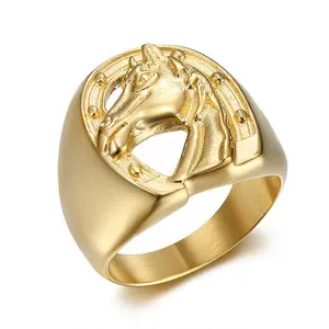 New hip hop HIPHOP jewelry, titanium steel vacuum gold-plated horse head men's ring
