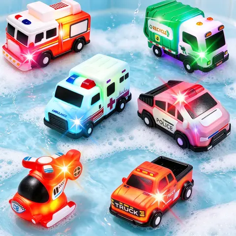 LED Light-Up Floating Emergency Vehicle Bath Toy Set - Ambulance, Helicopter, Water-Activated Car Toys, Bathtub Pool Play Gift for 1-6 Year Old Toddlers