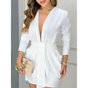 Women's Elegant V-Neck Pencil Dress EC68858 - Stretchy Polyester Spandex Blend Solid Color Machine Washable All-Season Versatile Casual to Formal Wear with Waist Tie-Belt and Micro Elasticity Fabric Fit Womenswear
