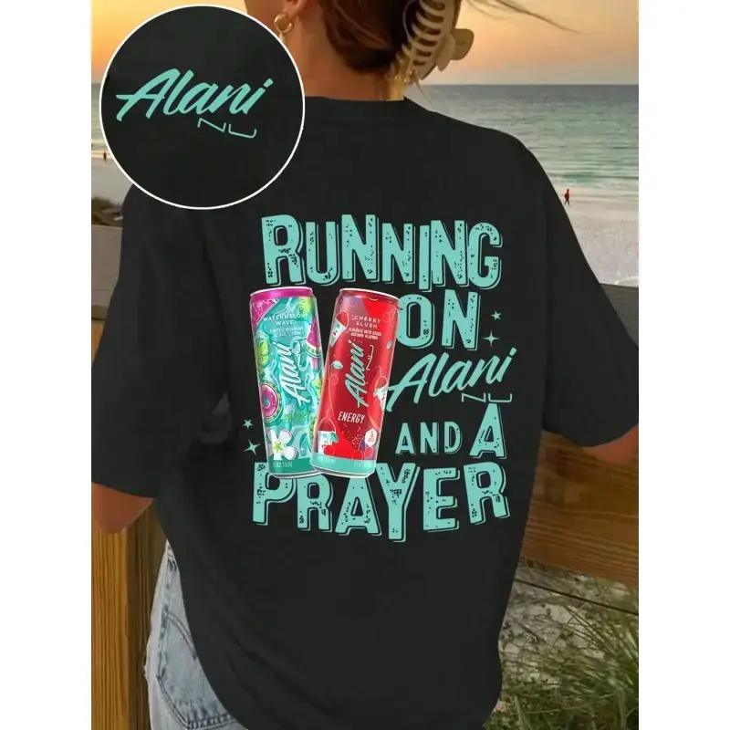 Women's cotton Short-Sleeve Round Neck Sports Top - Funny Motivational Caffeine Print, Alani Prayer Pattern, Casual Outdoor Summer Shirt, Outdoors, Tshirt, Shortsleeve, Letters, All Over Print