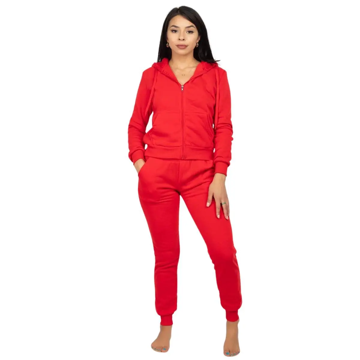 June Fleece zip Up Fur Trim Hood long sleeve Sweatsuit Womenswear. Hooded Tracksuit Set