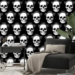 Dark Gothic Skull Decorative Wallpaper Roll, Halloween Theme Self-Adhesive Waterproof Wall Paper, Easy Peel & Stick Decor for Living Room Bedroom Walls