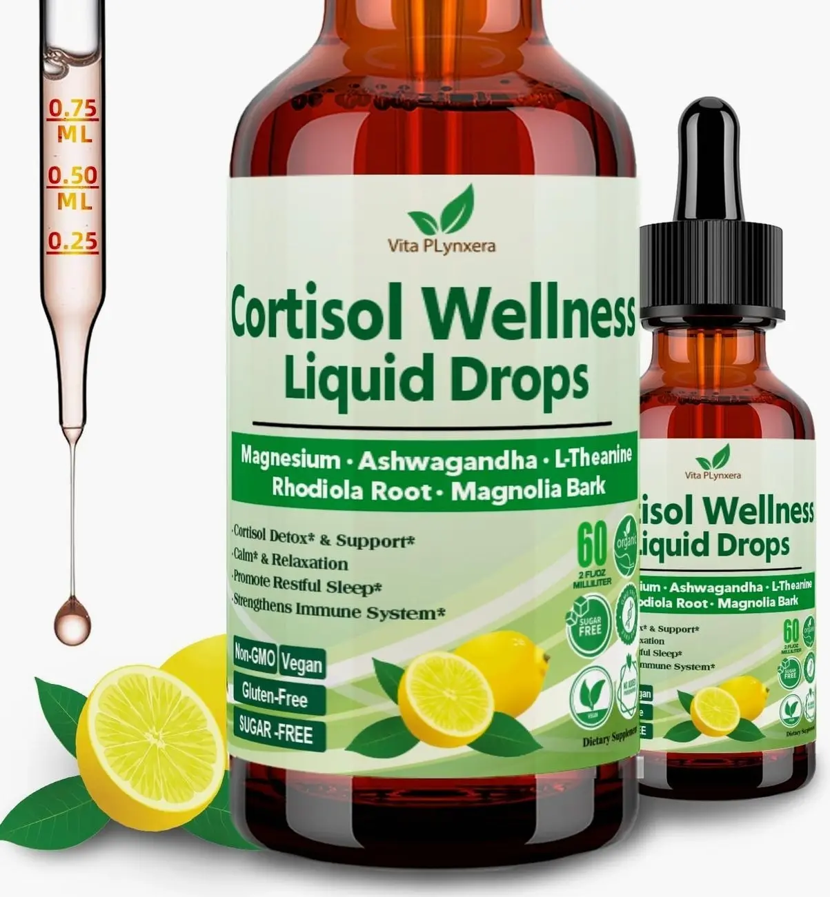 2 Pack Cortisol Supplement Liquid Drops, 17-in-1 Cortisol Detox