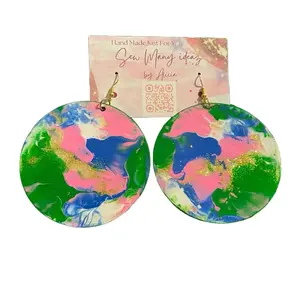 Sew Many Ideas by Alicia Bold Statement Earrings with Unique Design and Clear Accents 3 inch BIG earrings Vibrant Green Blue Yellow Hand Made for Women
