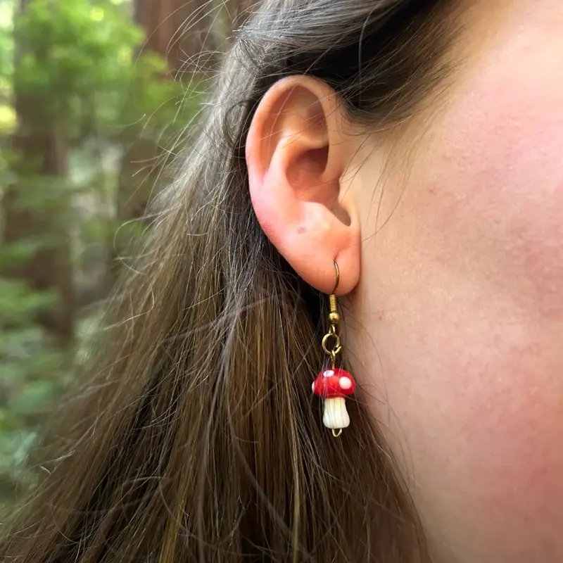 Mushroom Forest Earrings, Hypoallergenic Gold Coated Hooks, Handmade by HotTeCo