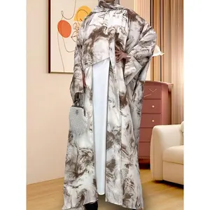[Includes Hijab] Women's Art Print Batwing Sleeve Long Robe Cardigan Set, Loose-Fitting Vacation Style with Pockets, Includes Headscarf Gift