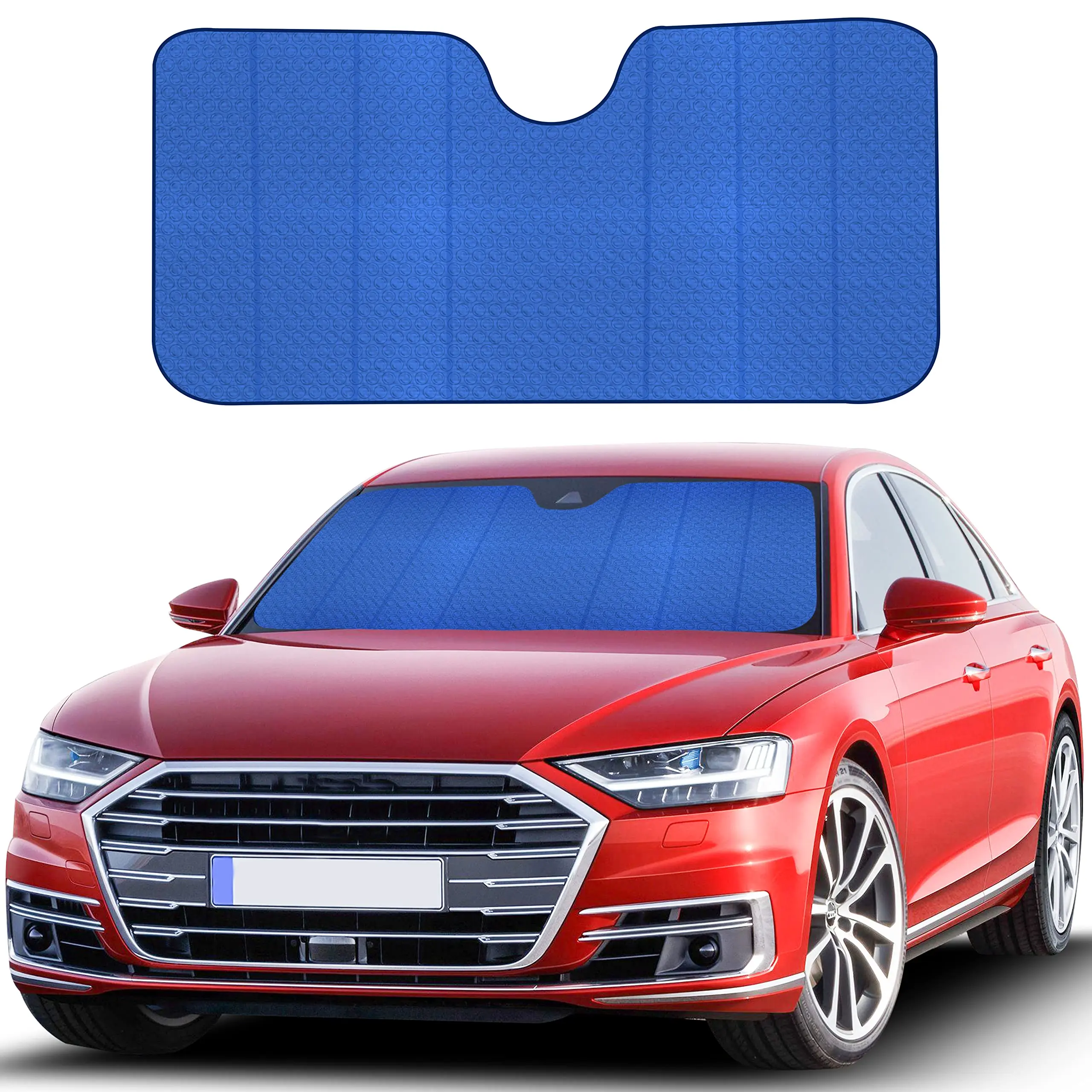EcoNour Accordion Car Windshield Sun Shade - 58x28in Blue Automotive Exterior Accessory, Daily Use, Dual-Layered Bubble Sheet with Reflective Foil, Compact Foldable, Heat Blocking, UV Shielding, Interior Temp Control, Tool-Free Buckle Setup, 58 X 28 Inche