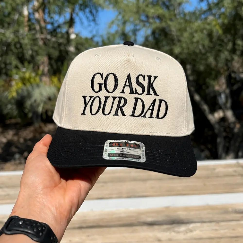 Go Ask Your Dad Embroidered Trucker Hat, Funny Mom Life Cap, Black White Two Tone Snapback Hat, Parent Humor Gift