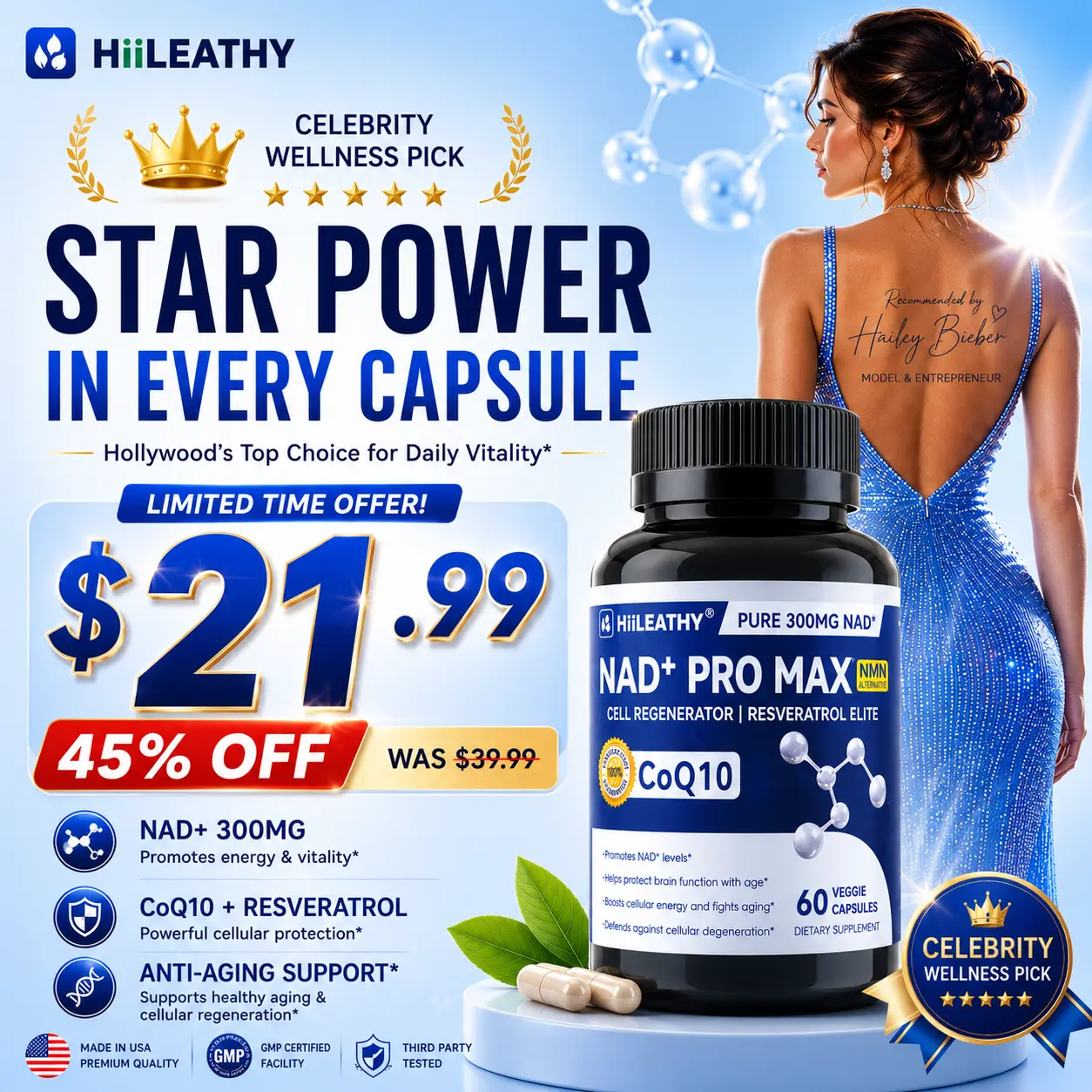 HIILEATHY NAD+ PRO MAX | Premium NAD+ with CoQ10 & Resveratrol | Daily Wellness Formula | Made in USA