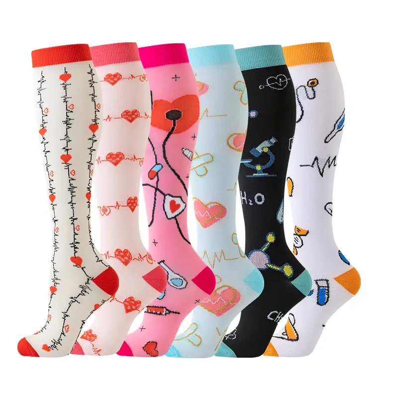MhzyCaus 6-Pack Compression Socks for Women, Cute Pattern Calf Length Socks, Colorful Printed Athletic Socks with Heart, Letter and Graphic Designs, Soft Stretch Breathable Socks for Running, Travel, Gym and Everyday Wear sport