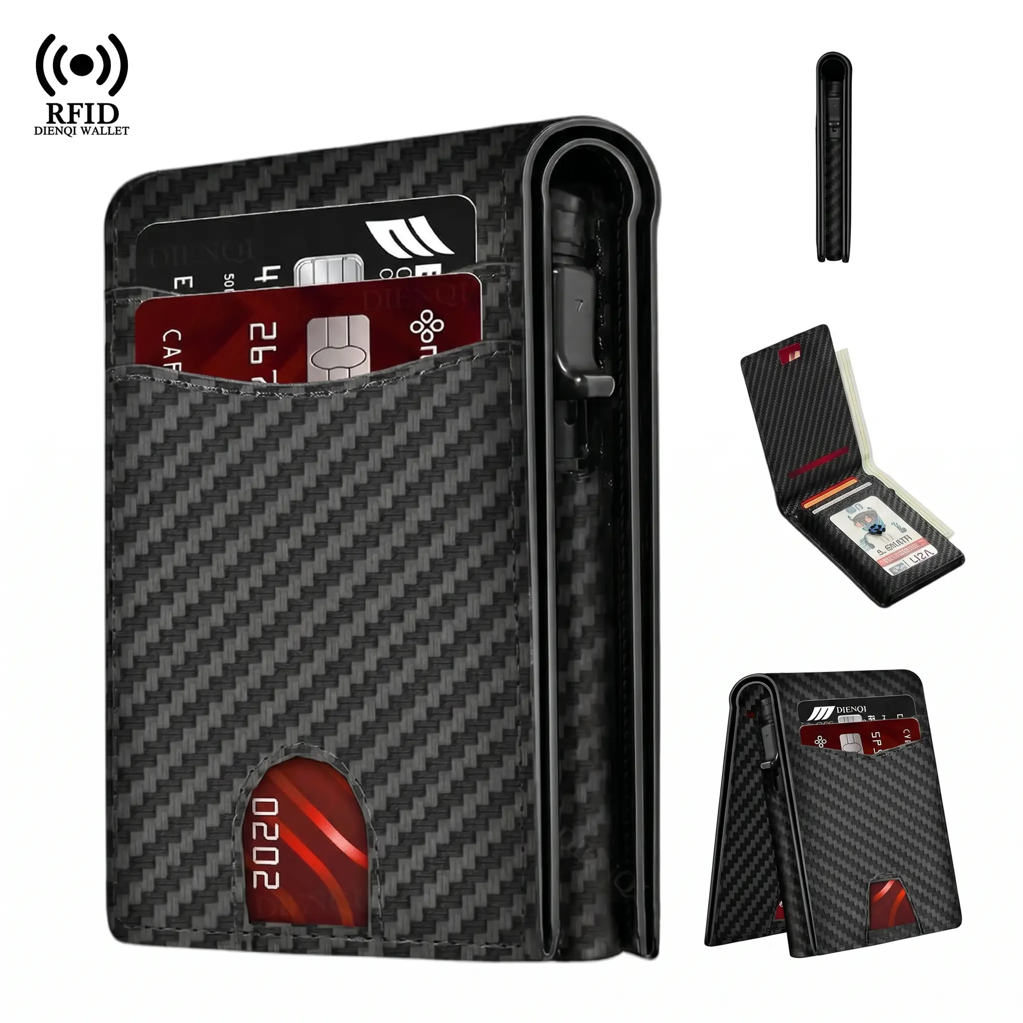 Slim Bifold Wallet for Men (8-10 Cards), Leather & Aluminum Pop Up Credit Card Organizer with RFID Blocking, ID Window & Magnetic Closure