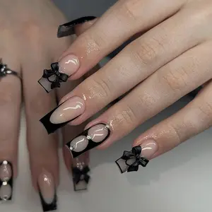 24 Pcs  Pink Press on s Medium  - YEFIUO Black French Fake s Press ons  Winter  Art Tip Full Cover  False s  s Kit with Bow  Charms Design for Women