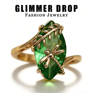 Dragonfly & Leaf Fairycore Ring - Gold Plated Copper Multi-Color (Olive Green/Pink) Statement Ring | Viral Women's Creative Daily Party Fashion Finger Jewelry Accessory Bold Ring