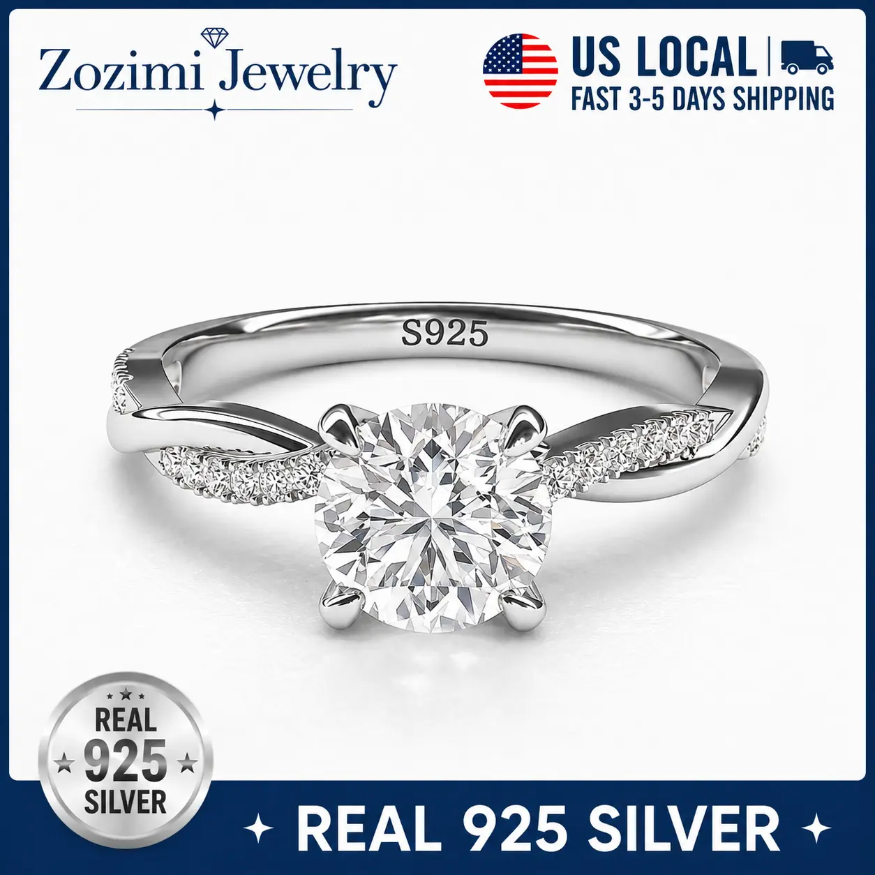 S925 Sterling Silver Twisted Shank Engagement Ring - 4-Prong Round Cut Cubic Zirconia Solitaire with Paved Side Stones, Dainty Women's Promise Wedding Band, Bridal Jewelry Gift for Anniversary Valentine