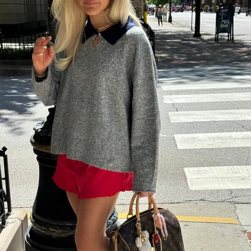 Women Y2k Color Block Polo Sweaters Long Sleeve Lapel Loose Knitted Tops Preppy Teens Oversized Jumper Tops Party Streetwear