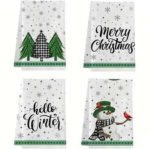 Set of 4 Festive Christmas Kitchen Towels, Tree & Snowman Design, Polyester Material, Perfect Holiday Decorations, Durable & Reusable