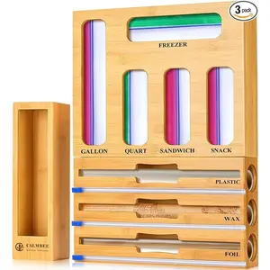 Storage Bag Organizer, Foil and plastic Wrap Organizer with Cutter, Kitchen Organizers