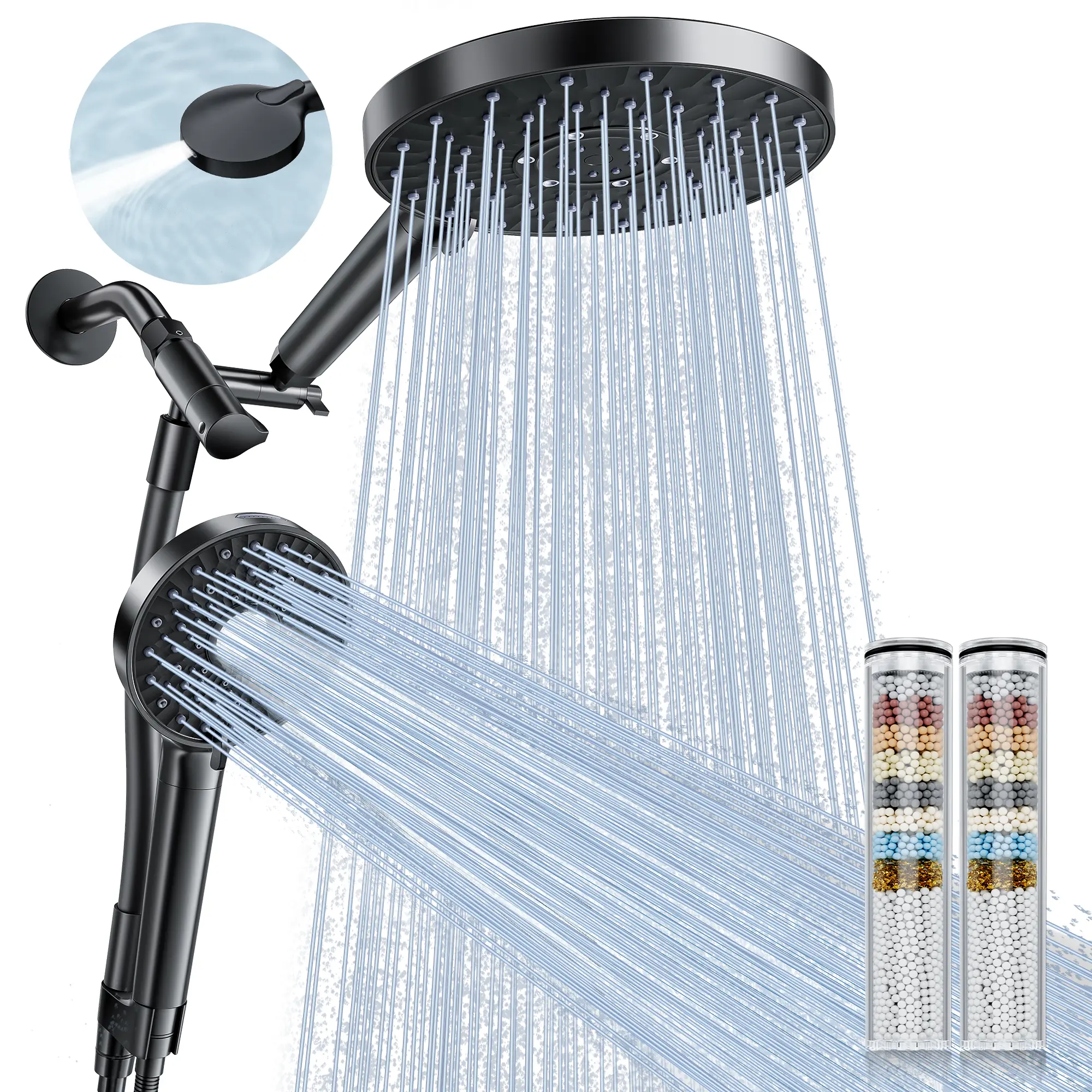 Magichome Filtered Dual Shower Head Combo with Handheld, High Pressure Shower Head for Hard Water, Rainfall Shower Head System, Mother Child Shower Head Set, Shower Filter, Detachable Handheld Showerhead, Stainless Steel Hose