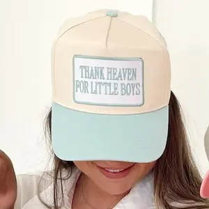Thank Heaven Female Embroidered Cotton Graphic Trucker Hat, Blue & Pink Options, Fashionable Functional, Everyday Wear, All-Season, Hand Wash Only, Designed for Moms