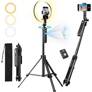 Upgraded Auto   Tripod 360? Rotation with Stand, 10" RGB Ring Light Phone Tripod & Selfie Stick with Remote and Gesture Control, No App, Built-in  Camera for Video/Live Streaming
