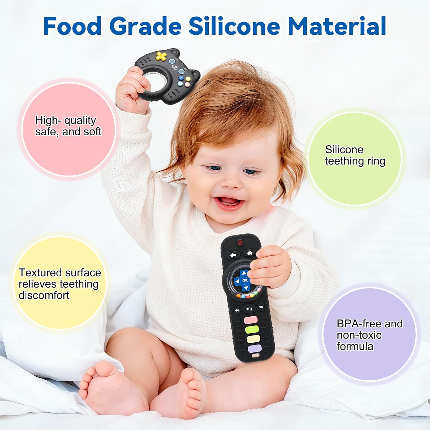 2 Pack Baby Teething Toys for Babies 3-6 Months, Silicone TV Remote Teether for Infants 6-12 12-24 Months, Sensory Chew Toys for Boys & Girls, BPA Free Teething Relief