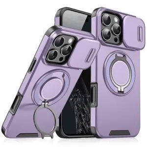 [KQ]Case with Slide Camera Cover for iPhone 16 15 14 13 12 17 Pro Max, Rotated Ring Kickstand Military Grade Shockproof Protective Cover Rugged Heavy Duty for Men Women