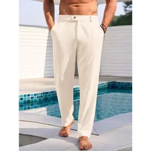 Mens Casual Pants Elastic Waist Linen Lightweight Straight-Legs Loose Fit Summer Beach Yoga Trousers Menswear Beige