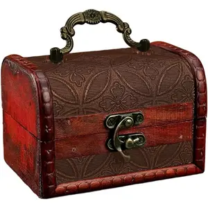 Small  Wooden Treasure Chest Retro Pirate Treasure Keepsake Box Mini European Decorative PU Leather  Stroage Cases with Handle for   Trinkets Birthday Gifts