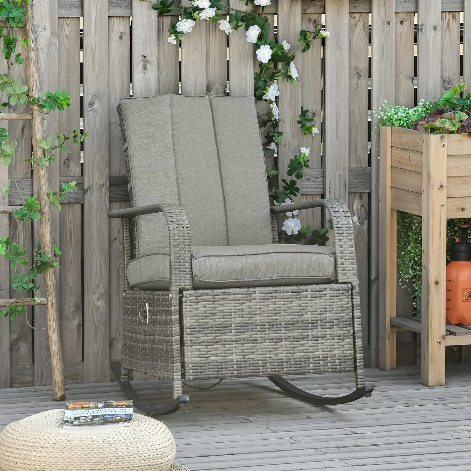 Crestholm PE Rattan Wicker Rocking Recliner Chair | 135° Adjustable Backrest, Extendable Footrest, 352 LB Capacity, Zippered Cushions, Anti-Slip Steel Frame — Outdoor Lounge Rocker for Porch & Garden
