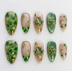 Handmade St. Patrick's Day Cat Eye Press On Nails | 3D Gold Wire Shamrock, Crescent Moon & Stars, Emerald Gems | For Lucky Witchy Irish