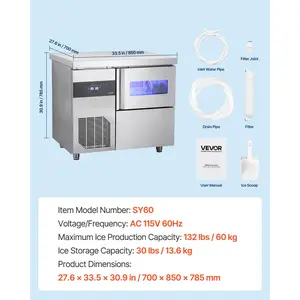 VEVOR Commercial Ice Maker Machine, 132 lbs/24H Stainless Steel Ice Machine with Worktop, 30 lbs Storage 70 Cubes/Cycle, Self-Cleaning Freestanding Ice-Making for Home Bar Office Restaurant Kitchen