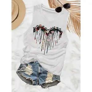 Women's Floral & Dripping Heart Print Tank Top Casual Sleeveless Cami Round Neck Top for Summer, Ladies Clothes for Daily Wear